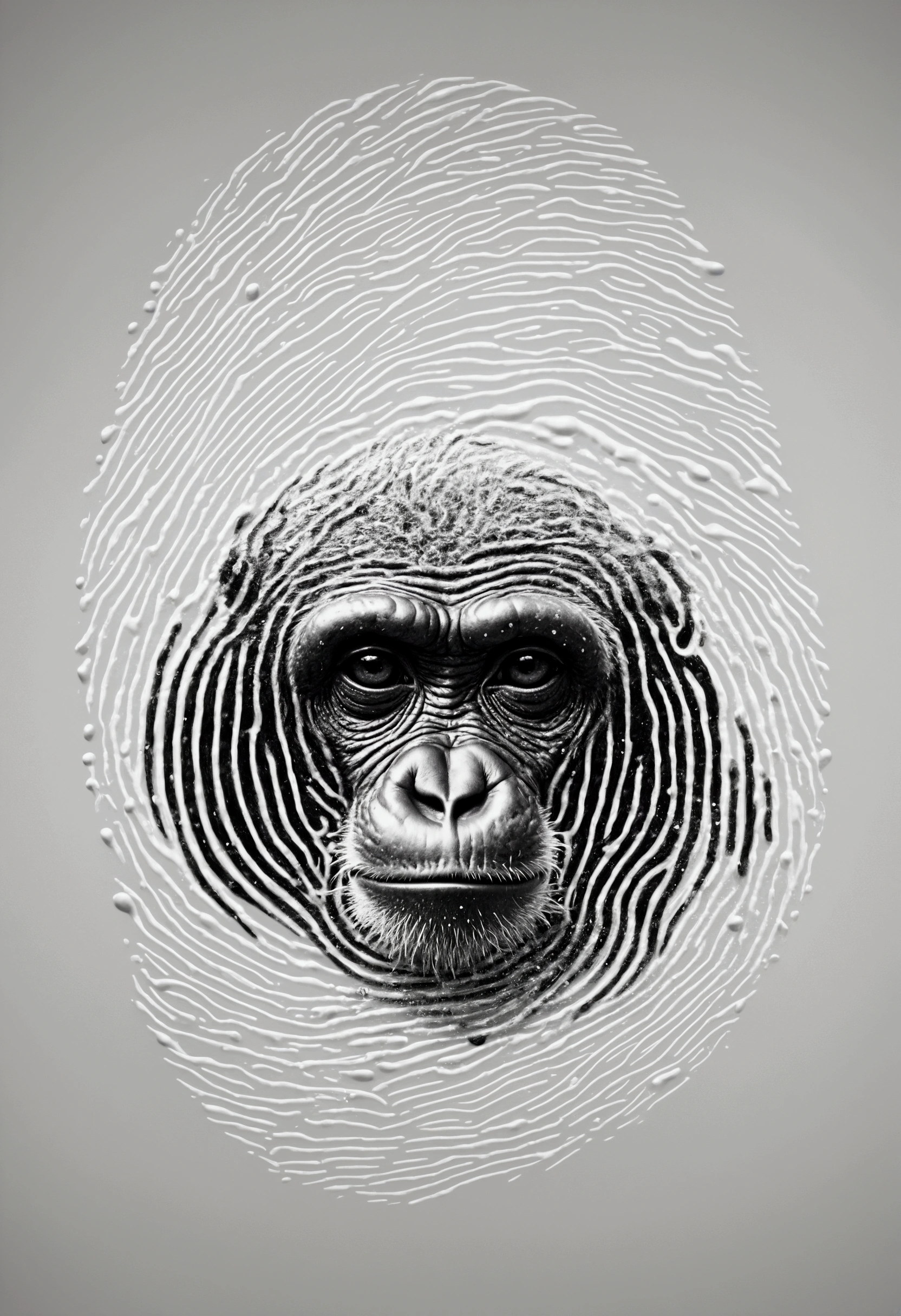 Monkey with little horns in art style of a fingerprint, like a black paint in water effect, black line, non-realistic, black on white