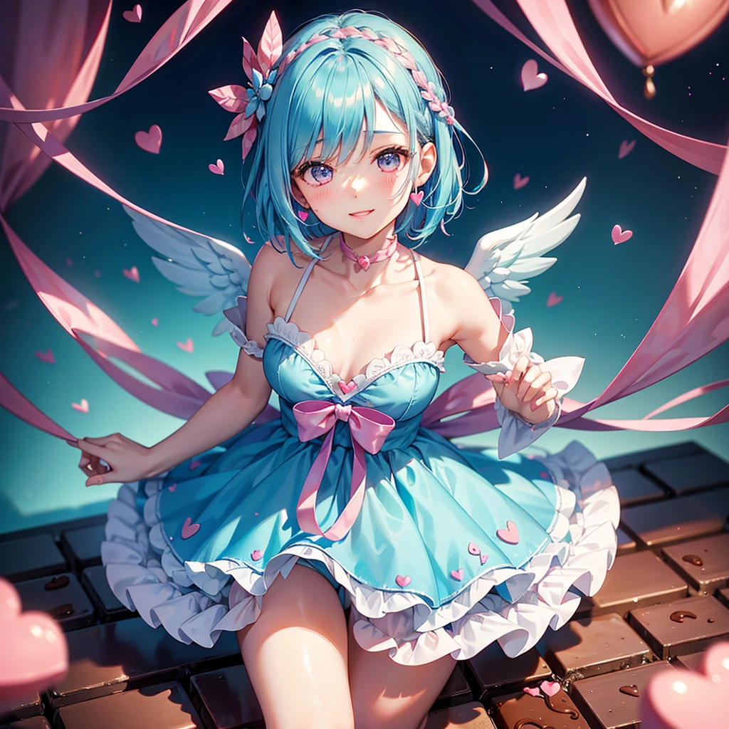 Sky blue hair、Braided Short Hair、pinkの目、Fair skin、whole body、One person、Cute Smile、Lots of hearts in the background、pink、(Heart-shaped chocolate)、(Chocolate Angel)、Valentine's Day、masterpiece、Highest quality、Very detailed、Best Shadow、Detailed Background、Beautifully detailed face、High Contrast、Best lighting、Very delicate and beautiful、Cinematic Light、Hyper Detail、8k、Dramatic Light、Exquisite detail、