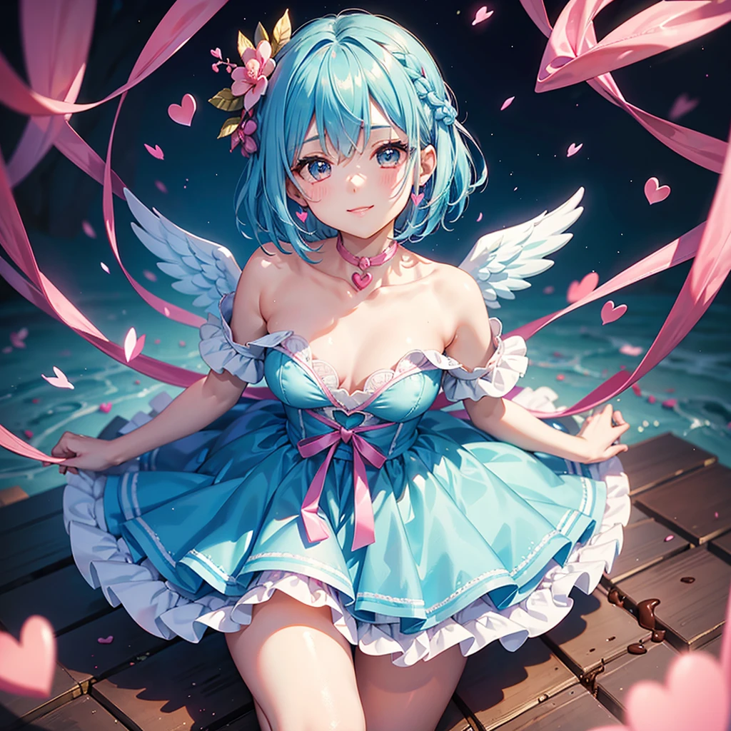 Sky blue hair、Braided Short Hair、pinkの目、Fair skin、whole body、One person、Cute Smile、Lots of hearts in the background、pink、(Heart-shaped chocolate)、(Chocolate Angel)、Valentine's Day、masterpiece、Highest quality、Very detailed、Best Shadow、Detailed Background、Beautifully detailed face、High Contrast、Best lighting、Very delicate and beautiful、Cinematic Light、Hyper Detail、8k、Dramatic Light、Exquisite detail、