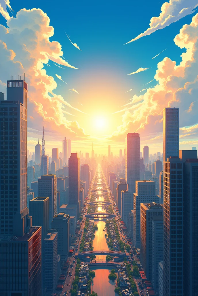 Anime background with city , clouds , sunlight bright