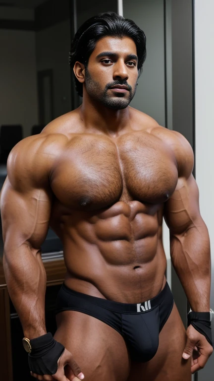 30 years old Desi like Amir Khalid mascular dark skin jaat with huge wide muscular shoulders, wide chest, abs, masculine wide triceps, arms, biceps, big masculine legs, wide thighs, calfs, black-haired, hair falls on your face, Mesmerizing brown eyes, red underwear, gloves in hand, in office