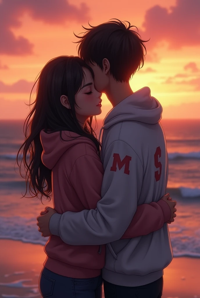 Girl with letter S on her hoodie hugging a boy with letter M on his hoodie,hugging infront of a sunset at the beach