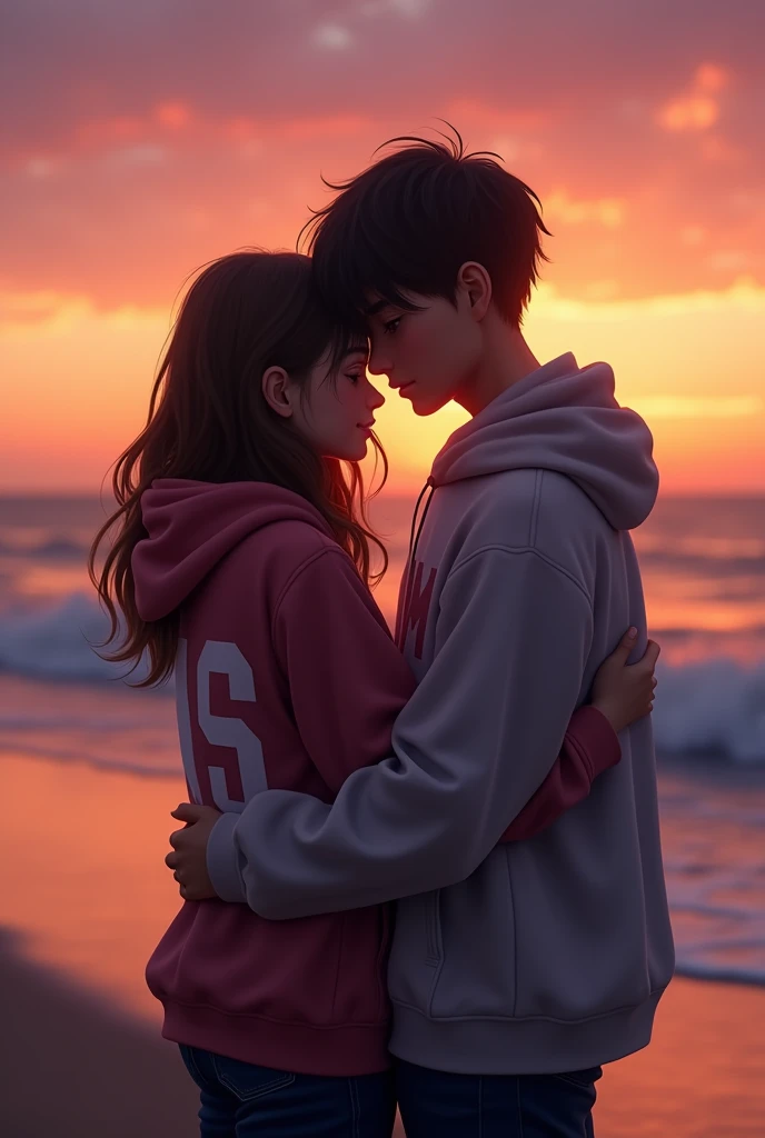 teenager boy and girl with black school beg near sea nd doing kiss at sunset time