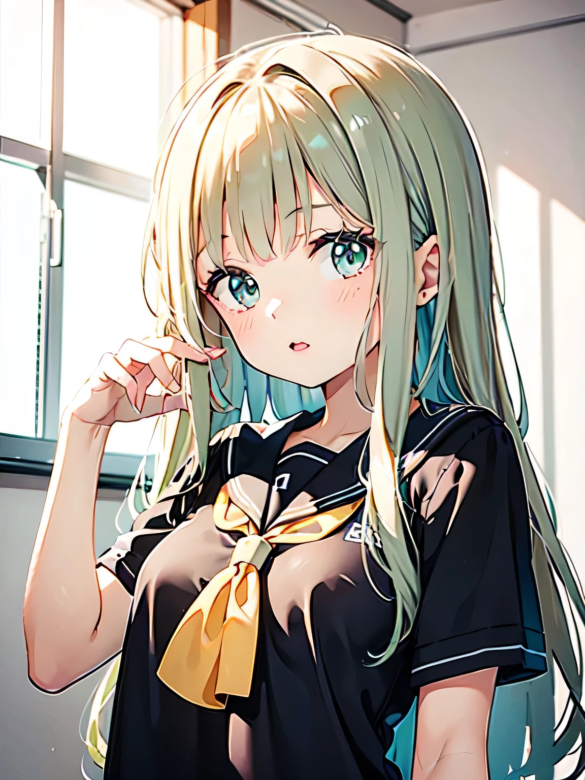 1 girl, green long hair, sailor school uniform, black shirt, 방과후 젖은 제복