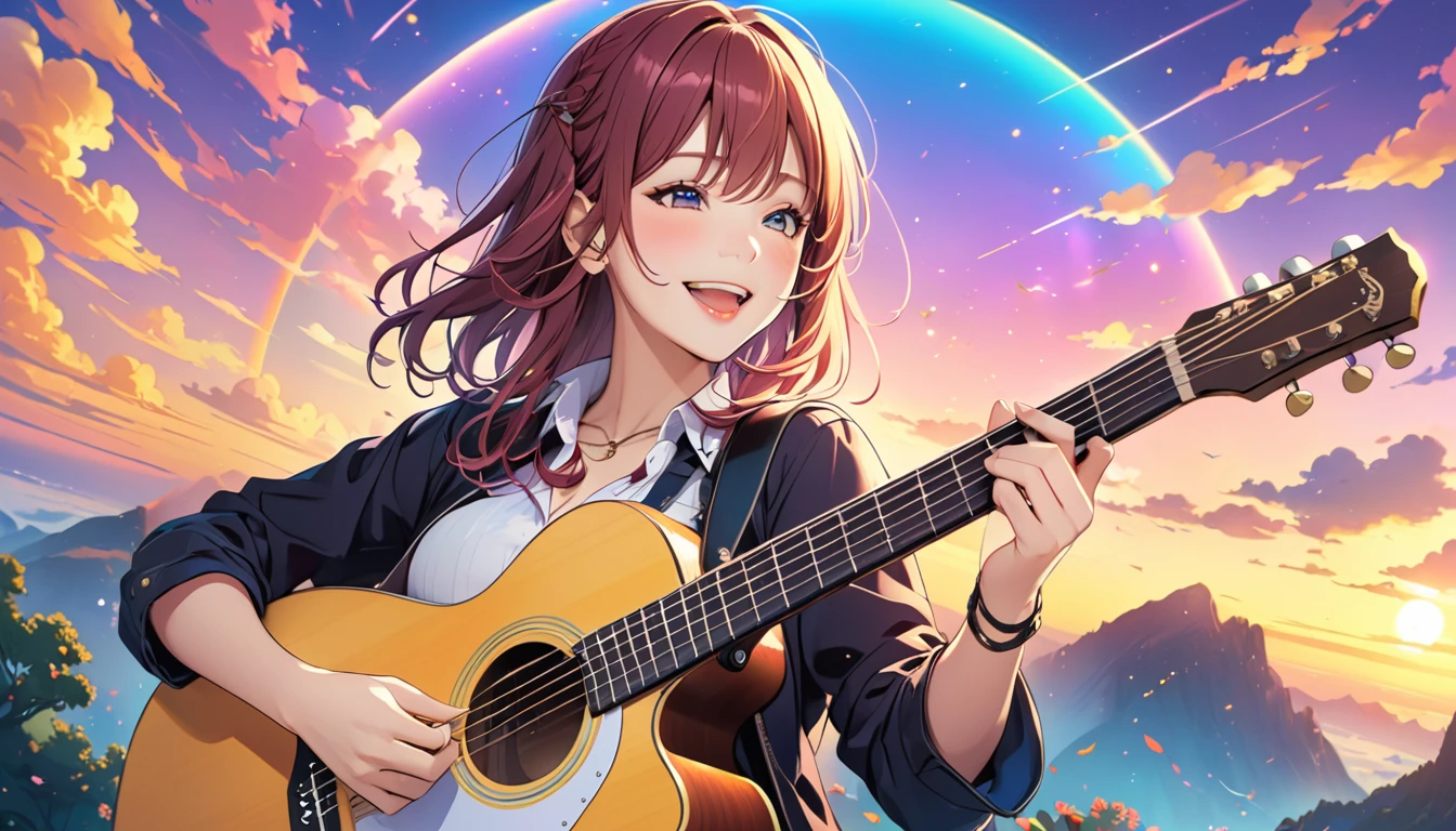 Number of fingers: 5, Colorful sky, An illustration, Anime song thumbnail CG, Uplifting, Playing guitar, A happy smile, Exact finger count, Accurate anatomy, Highest quality, 8k, Accurate guitar shape