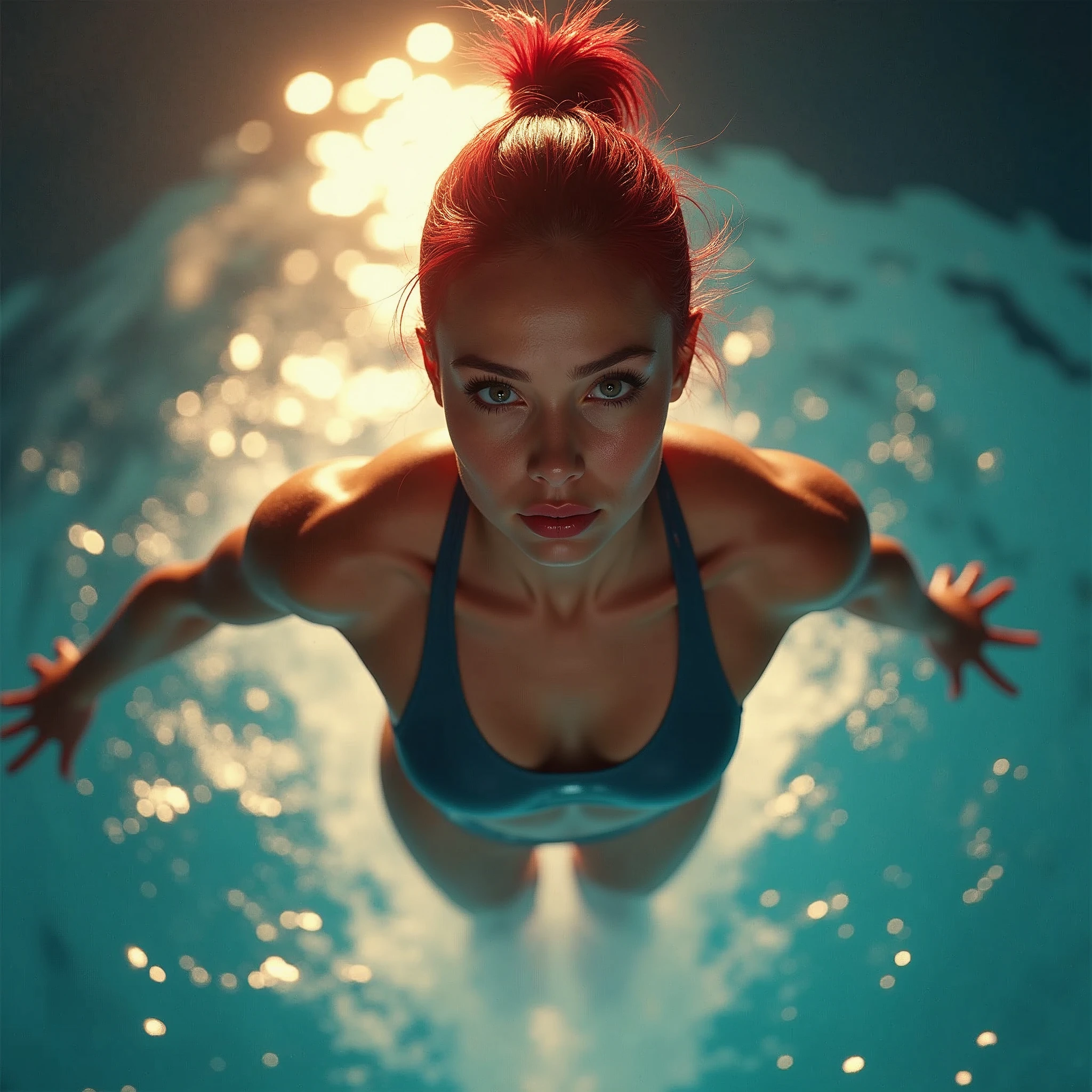 (Pointed Red), realistic high diving female athlete, 10m diving platform, beautiful Reflective eyes, beautiful detailed lips, extremely detailed face, elegant diving pose, graceful movements, splashing water, sunlight reflecting on water surface, dramatic lighting, cinematic composition, vibrant colors, photorealistic, (best quality,4k,8k,highres,masterpiece:1.2),ultra-detailed,(realistic,photorealistic,photo-realistic:1.37),HDR,UHD,studio lighting,ultra-fine art,sharp focus,physically-based rendering,extreme detail description,professional,bright colors,bokeh, Motion blur