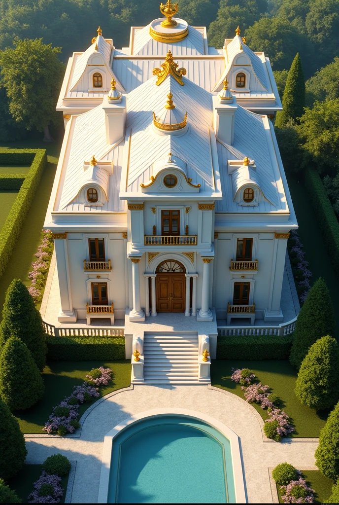 Generate a mansion. Its colour is white and golden mix. I want top front view. It has a garage and beautiful garden and has a swimming pool at back. 