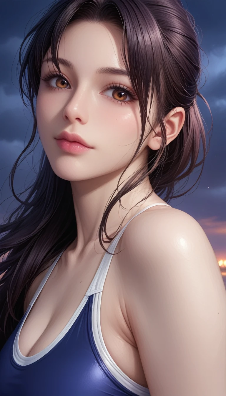 score_9, score_8_superior, score_7_superior, High-resolution CG illustration,A masterpiece in 32K resolution,Highest quality,it is really amazing,Very detailed,Ultra-high resolution,Ultra-realistic,Realistic,Increased depth of field,Cinematic lighting,
Sexy mature Japan woman,
Straight long hair with black hair,Ultra-detailed and beautiful face,Calm and gentle look,Beautiful brown eyes,Translucent white skin,Realistic skin texture,Great proportions,
Sexy high leg swimsuit,
Artistic design,Chic color scheme,Detailed fabric texture,
Dark overcast sky on a dull night,Dark clouds filling the sky,Thundercloud,Coastline at night,Stormy seas,delay々A desolate sandy beach that continues,
Close-up of face,Cinematic Angle,