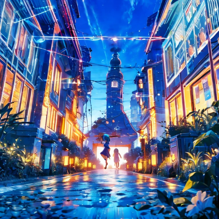 The girl with short blue hair is wearing a dress and sandals. She is jumping with her knees bent. The person is displayed small so that the whole body is visible. Low angle from the feet. High quality, high definition, and correct limb detail. The background should be vivid in color. The person is an anime-style illustration only. The face should be accurately depicted.