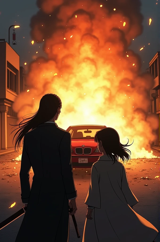 Tanjiro Kamado and Nezuko Kamado from behind while a car explodes exhibition