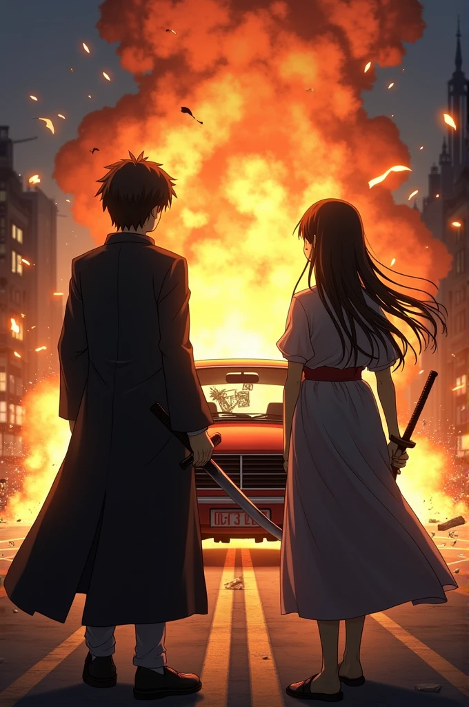 Tanjiro Kamado and Nezuko Kamado from behind while a car explodes exhibition