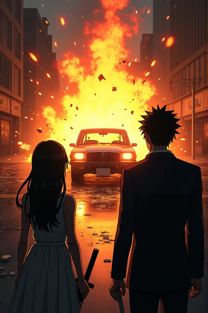 Tanjiro Kamado and Nezuko Kamado from behind while a car explodes exhibition