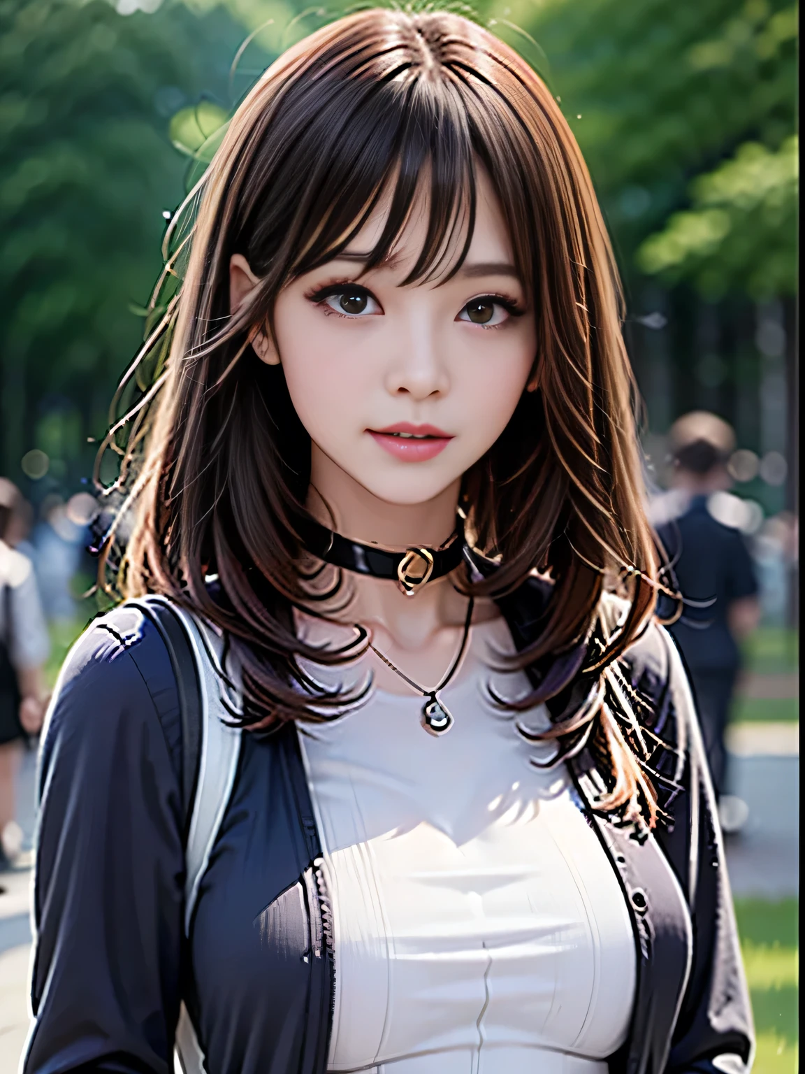 Highest quality, masterpiece、Fantasy World, Medieval Europe World, Traveling Trader, Light clothing, Backpack, Brown Hair, bangs, Straight Hair, Very long eyelashes, Natural Makeup, Black choker, Almond Eye,Big Breasts