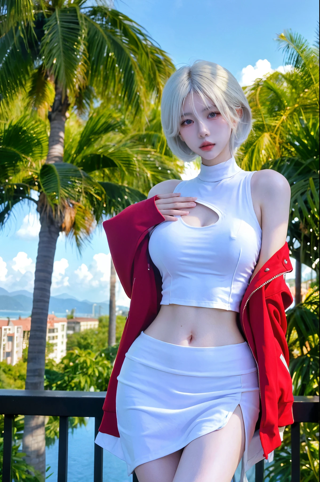 Beautiful woman with perfect figure:1.4,Sun background,Layered hairstyle,White skin,Cleavage highlights,Pleated Skirt,whole body,The face and skin are very delicate.,Double eyelids,Skin Whitening,White hair