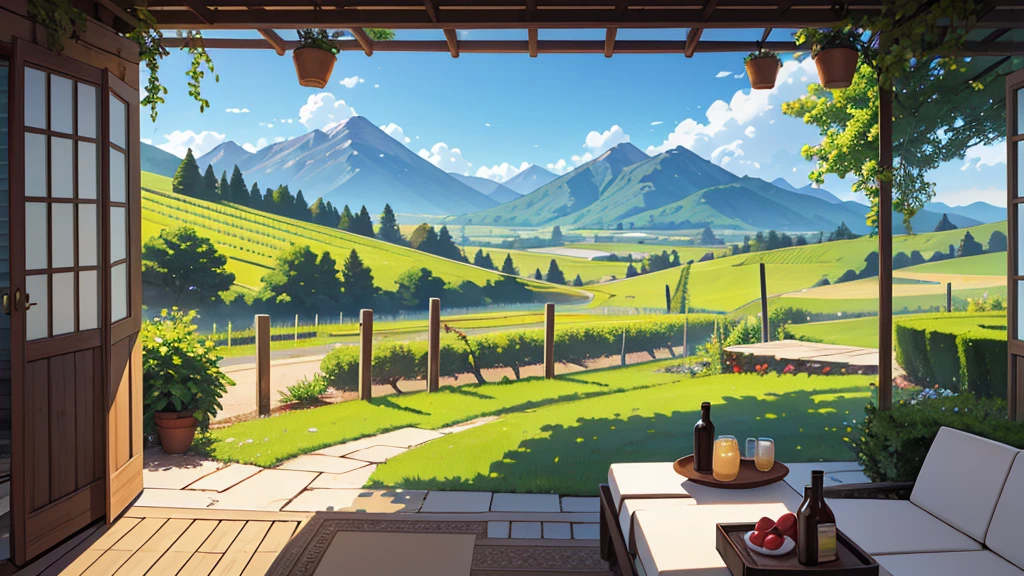 Create a central perspective landscape of a vineyard where you can see the trees and mountains