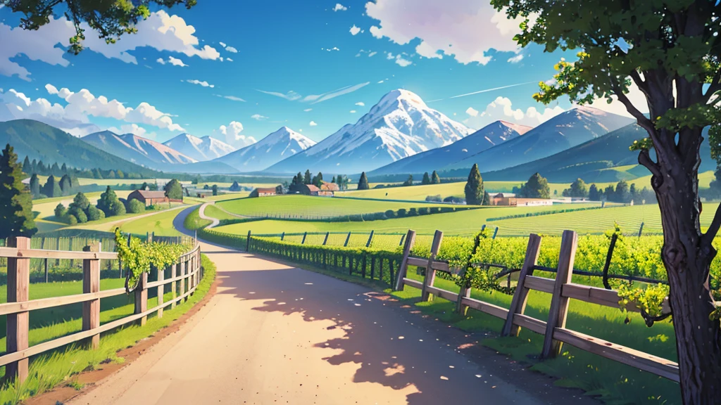 Create a central perspective landscape of a vineyard where you can see the trees and mountains