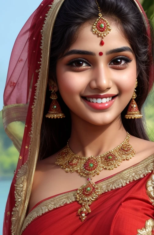 masterpiece, 1 bengali girl, smile, detailed, face close up, red dress, noon, full body view