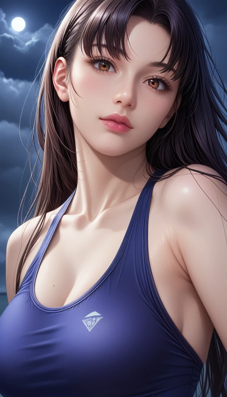 score_9, score_8_superior, score_7_superior, High-resolution CG illustration,A masterpiece in 32K resolution,Highest quality,it is really amazing,Very detailed,Ultra-high resolution,Ultra-realistic,Realistic,Increased depth of field,Cinematic lighting,
Sexy mature Japan woman,
Straight long hair with black hair,Ultra-detailed and beautiful face,Calm and gentle look,Beautiful brown eyes,Translucent white skin,Realistic skin texture,Great proportions,
Sexy high leg swimsuit,
Artistic design,Chic color scheme,Detailed fabric texture,
Dark overcast sky on a dull night,Dark clouds filling the sky,Thundercloud,Coastline at night,Stormy seas,delay々A desolate sandy beach that continues,
Close-up of face,Cinematic Angle,