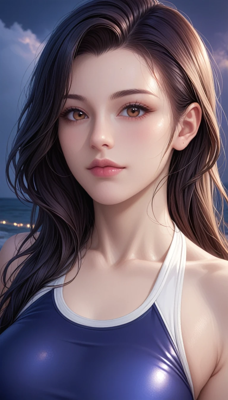 score_9, score_8_superior, score_7_superior, High-resolution CG illustration,A masterpiece in 32K resolution,Highest quality,it is really amazing,Very detailed,Ultra-high resolution,Ultra-realistic,Realistic,Increased depth of field,Cinematic lighting,
Sexy mature Japan woman,
Straight long hair with black hair,Ultra-detailed and beautiful face,Calm and gentle look,Beautiful brown eyes,Translucent white skin,Realistic skin texture,Great proportions,
Sexy high leg swimsuit,
Artistic design,Chic color scheme,Detailed fabric texture,
Dark overcast sky on a dull night,Dark clouds filling the sky,Thundercloud,Coastline at night,Stormy seas,delay々A desolate sandy beach that continues,
Close-up of face,Cinematic Angle,