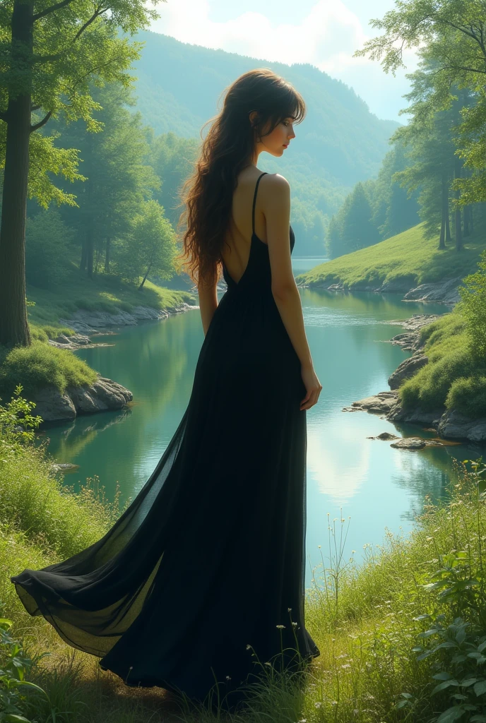Create a photo by a girl standing in a beautiful nature place and she is wearing black dress and turned around
The girls face shouldn't be visible
And the image should look real