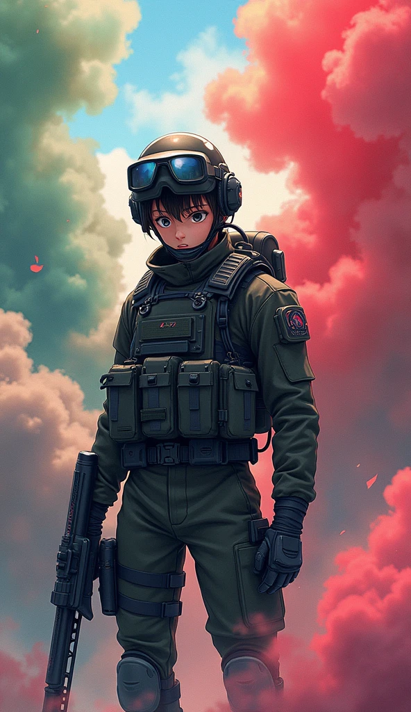 Today's challenge theme：Ghibli style art Special Ops with Colorful Smoke Bomb background