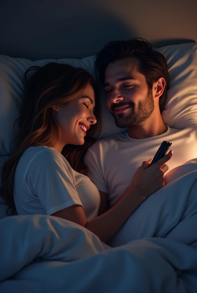A couple of lovers lying in bed, looking in different directions, the woman is using her cell phone and is laughing, and the man is asleep and doesn't notice