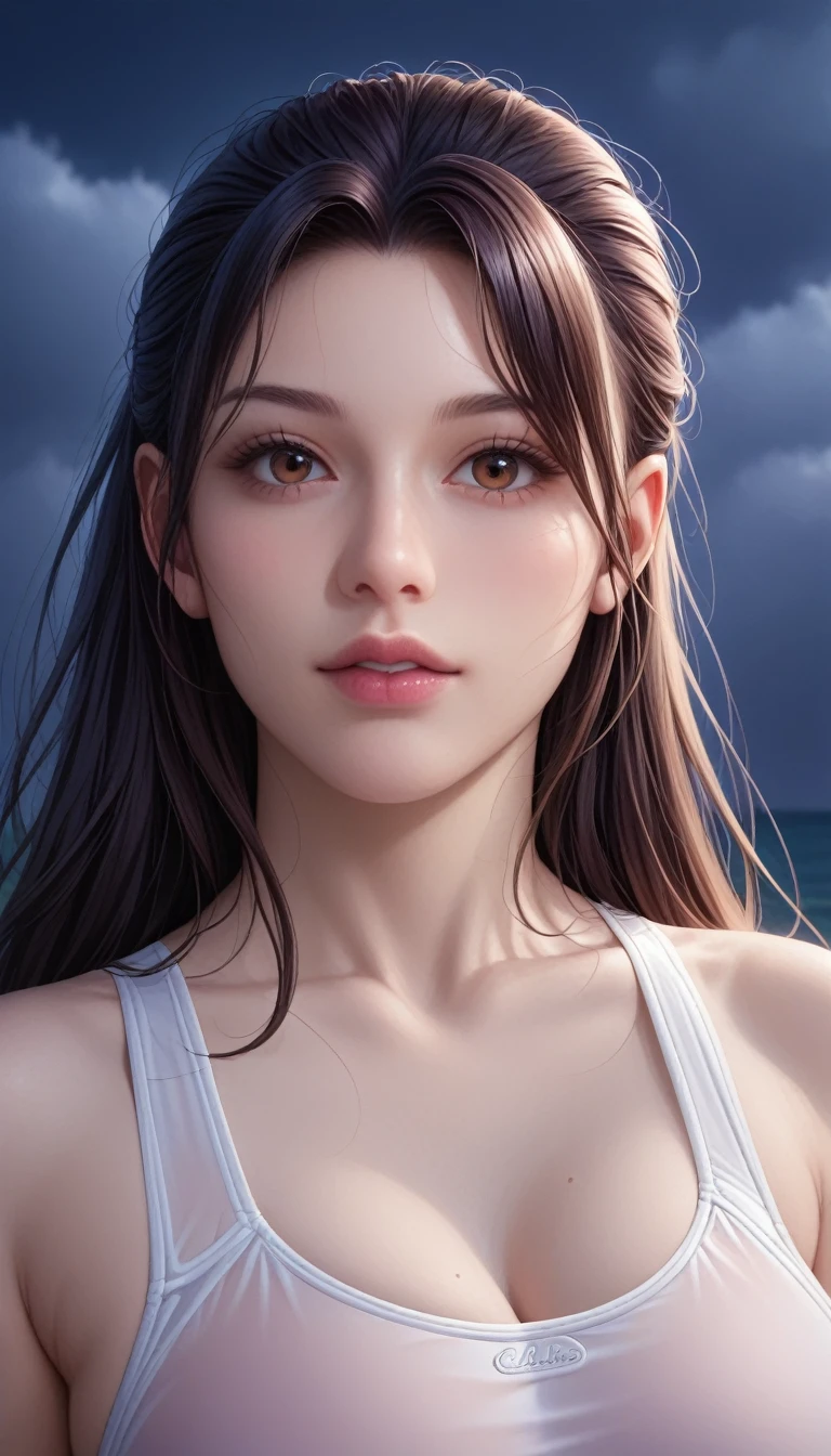 score_9, score_8_superior, score_7_superior, High-resolution CG illustration,A masterpiece in 32K resolution,Highest quality,it is really amazing,Very detailed,Ultra-high resolution,Ultra-realistic,Realistic,Increased depth of field,Cinematic lighting,
Sexy mature Japan woman,
Straight long hair with black hair,Ultra-detailed and beautiful face,Calm and gentle look,Beautiful brown eyes,Translucent white skin,Realistic skin texture,Great proportions,
Sexy high leg swimsuit,
Artistic design,Chic color scheme,Detailed fabric texture,
Dark overcast sky on a dull night,Dark clouds filling the sky,Thundercloud,Coastline at night,Stormy seas,delay々A desolate sandy beach that continues,
Close-up of face,Cinematic Angle,