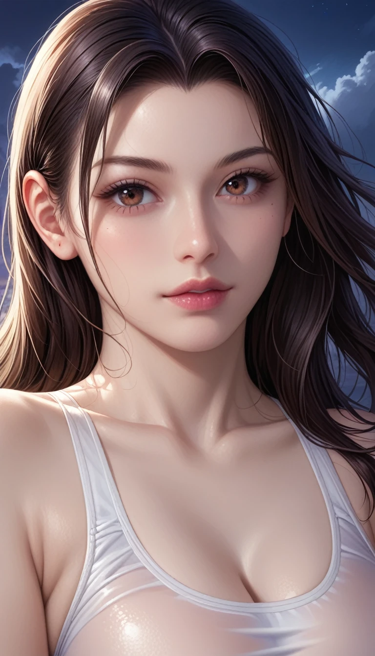 score_9, score_8_superior, score_7_superior, High-resolution CG illustration,A masterpiece in 32K resolution,Highest quality,it is really amazing,Very detailed,Ultra-high resolution,Ultra-realistic,Realistic,Increased depth of field,Cinematic lighting,
Sexy mature Japan woman,
Straight long hair with black hair,Ultra-detailed and beautiful face,Calm and gentle look,Beautiful brown eyes,Translucent white skin,Realistic skin texture,Great proportions,
Sexy high leg swimsuit,
Artistic design,Chic color scheme,Detailed fabric texture,
Dark overcast sky on a dull night,Dark clouds filling the sky,Thundercloud,Coastline at night,Stormy seas,delay々A desolate sandy beach that continues,
Close-up of face,Cinematic Angle,
