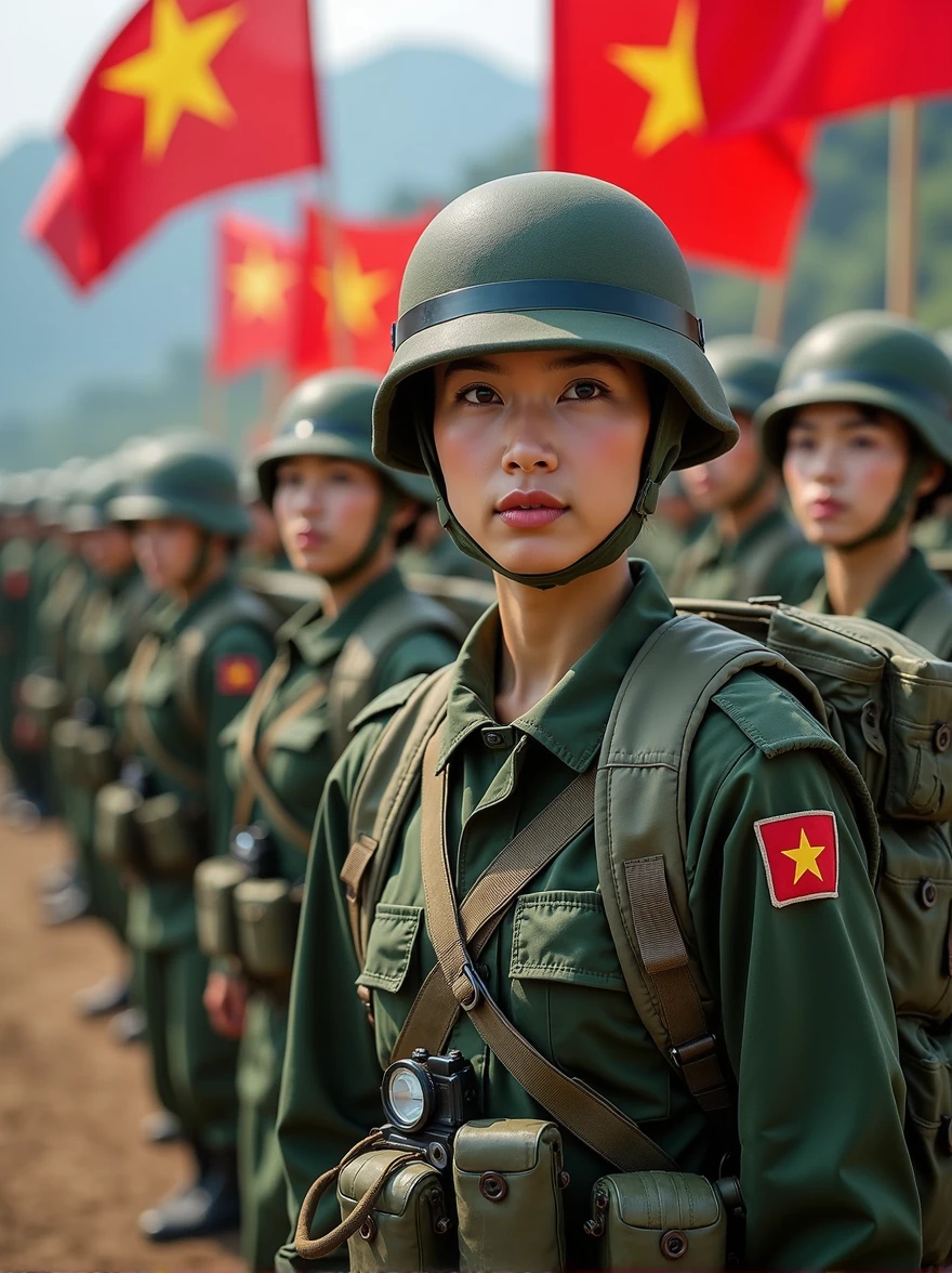 Images of the Vietnamese military often include the following elements:

1. **Uniform**: Soldiers often wear green or camouflage uniforms, representing camouflage in mountainous environments. Baseball caps or pith helmets are also part of the uniform. Soldiers sometimes carry equipment such as backpacks, belts, and personal weapons.

2. **Activities**: The Vietnamese military may be depicted in training activities, patrolling, or participating in border and territorial protection campaigns. These activities often take place in natural environments such as mountains or plains.

3. **Military equipment**: Images may also include military vehicles such as tanks, armored vehicles, helicopters, or other heavy weapons. The Vietnamese military also uses air defense systems and other tactical weapons.

 4. **Spirit**: Images of the Vietnamese military often show fighting spirit, resilience and patriotism. Soldiers are often depicted with serious expressions, focused and ready to carry out their missions.

5. **Parades**: During national events or celebrations, images of the Vietnamese military may include parades with neat ranks, red flags with yellow stars, and soldiers marching in unison, demonstrating strength and solidarity.