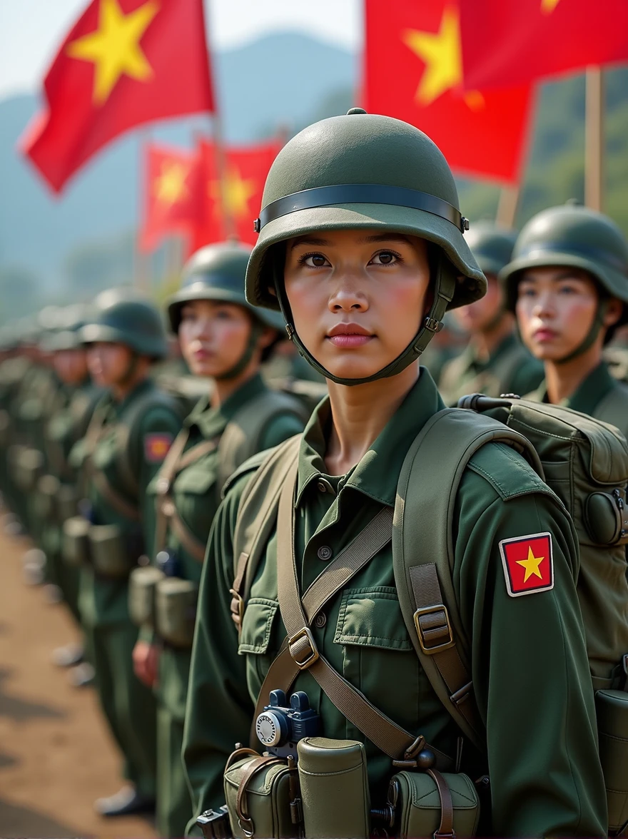 Images of the Vietnamese military often include the following elements:

1. **Uniform**: Soldiers often wear green or camouflage uniforms, representing camouflage in mountainous environments. Baseball caps or pith helmets are also part of the uniform. Soldiers sometimes carry equipment such as backpacks, belts, and personal weapons.

2. **Activities**: The Vietnamese military may be depicted in training activities, patrolling, or participating in border and territorial protection campaigns. These activities often take place in natural environments such as mountains or plains.

3. **Military equipment**: Images may also include military vehicles such as tanks, armored vehicles, helicopters, or other heavy weapons. The Vietnamese military also uses air defense systems and other tactical weapons.

 4. **Spirit**: Images of the Vietnamese military often show fighting spirit, resilience and patriotism. Soldiers are often depicted with serious expressions, focused and ready to carry out their missions.

5. **Parades**: During national events or celebrations, images of the Vietnamese military may include parades with neat ranks, red flags with yellow stars, and soldiers marching in unison, demonstrating strength and solidarity.