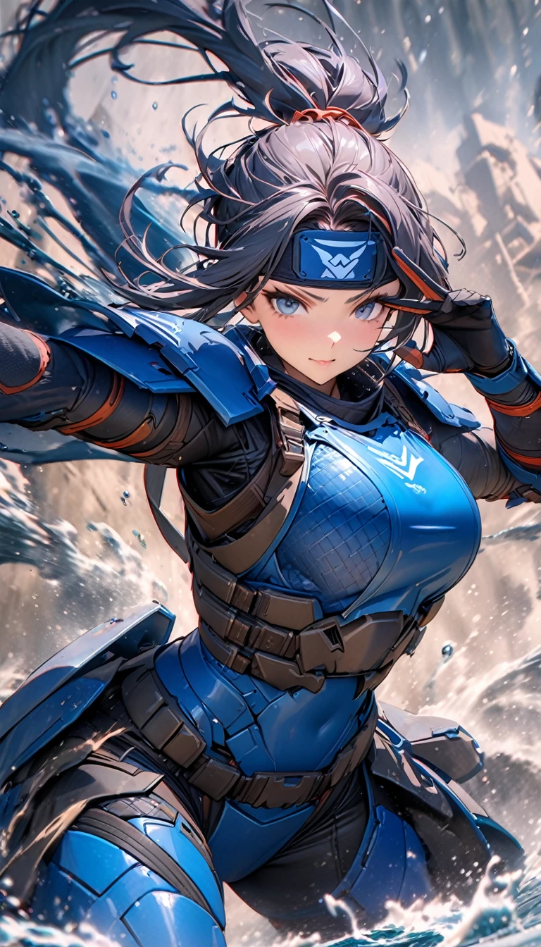 (masterpiece),(Highest quality),(High resolution),(Very detailed),8k,wallpaper,(Armored Core Style),Woman in ninja robot armor,(Tactical Forehead Protector),Random Hairstyles,(Water Ninja),(Blue body),(Detailed face),((Cowboy Shot)),(The background is thick fog:1.3),(dynamic),(Making a Ninja Sign:1.3),(action shot),Detailed hands,Beautiful female hands,(Hand,detailed,perfect,perfection,hands)