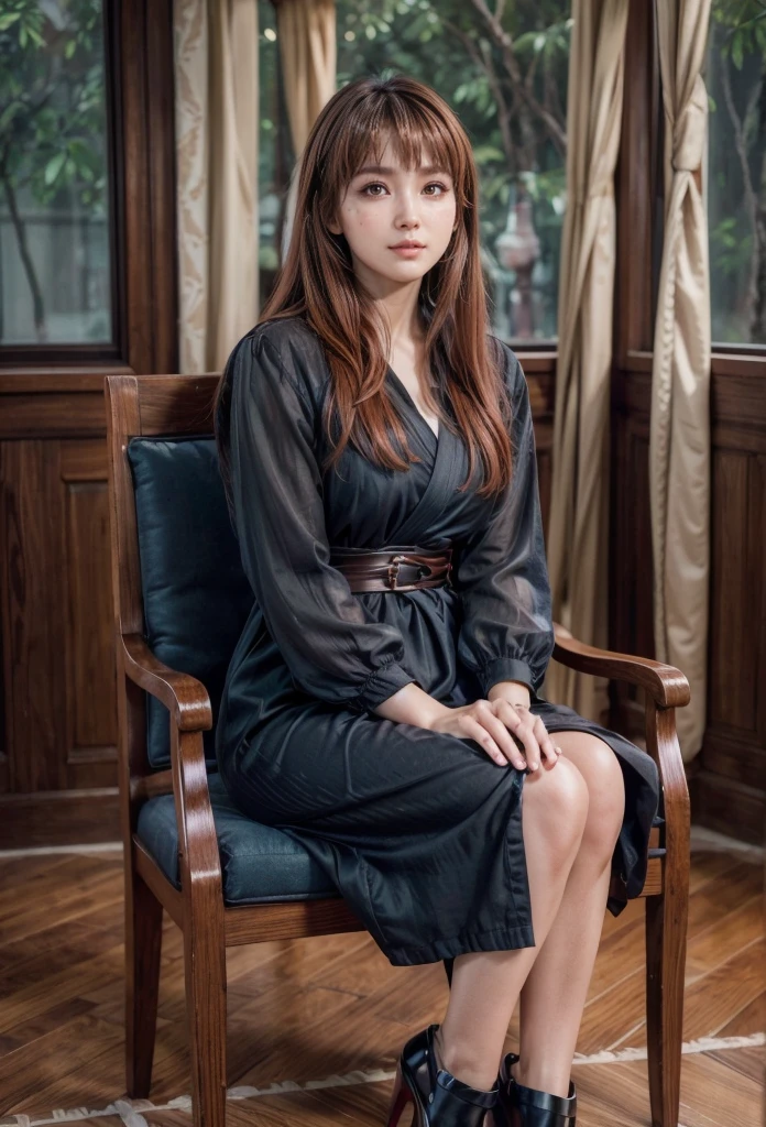 kasumi, eyes browns, (best qualityer, ultra detail), (realisitic:1.37), beautiful and detailed face, ultra-realisitic texture, Exquisite face, Delicate body, red lipgloss stick, shiny colors. High definition, 8k, expression a slight cute smile