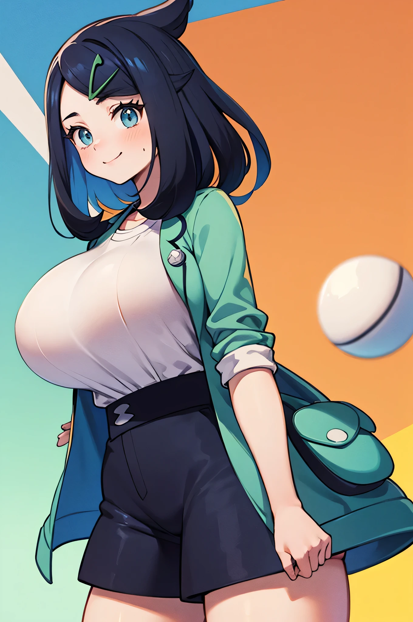 masterpiece,best quality,1girl,solo,pokemonliko,hairclip,multicolored hair,black hair,blue hair,blue eyes,blue jacket,white shirt,shorts,poke ball,smile,dutch angle,multicolored background, (huge breasts:1.2)