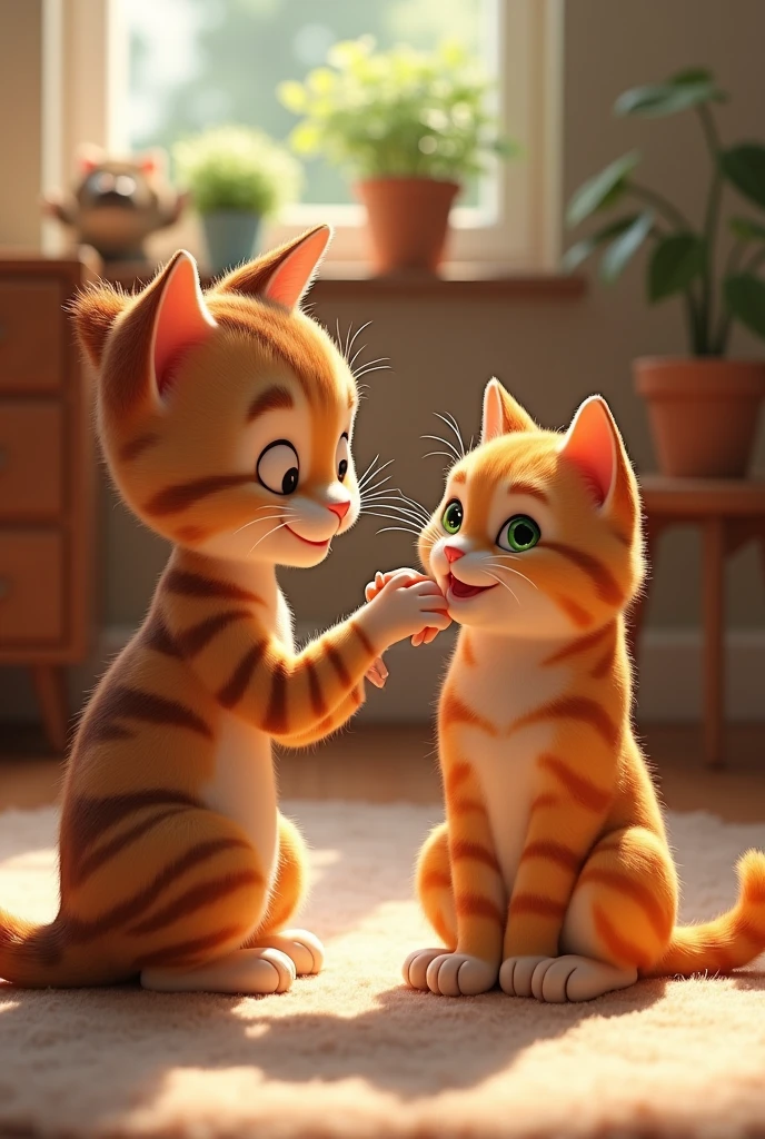 Create cat story in 3d style" 
Whiskers Nuzzles Lily:** Whiskers nuzzling Lily’s fingers in a moment of connection.