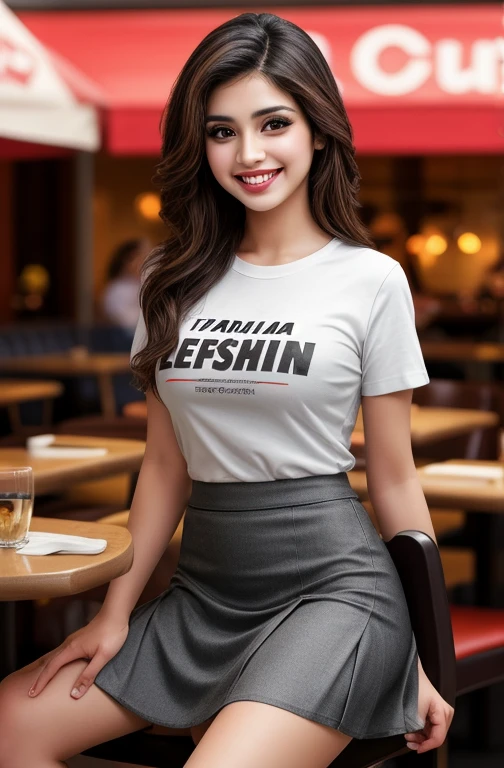  indian latina beautiful women, (pale skin:0.5), sitting, teasing smile, t-shirt, skirt, skirtlift, hdr, fujifilm, restaurant, blurry background, blurry foreground, cinematic, photoshoot, hard shadow
