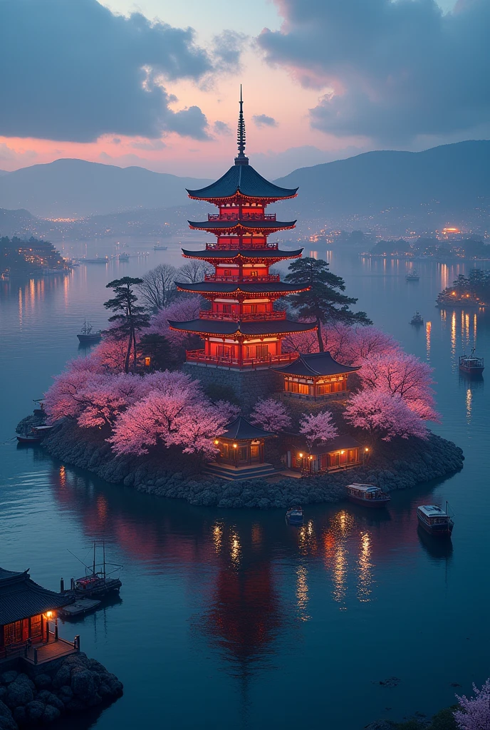 pagoda epic scale surrounded by shops asian chinese Japanese style in the ocean island surrounded by small ports with merchant boats, island with cherry blossom, night time, festive aerial shot many boats island surrounded by ports, island central point, cyberpunk signage neon floating