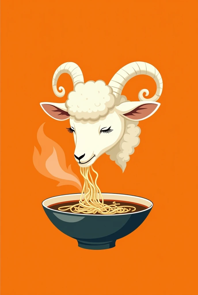 Floating logo of a lamb head slightly sideways, with horns, eating ramen, on an orange background