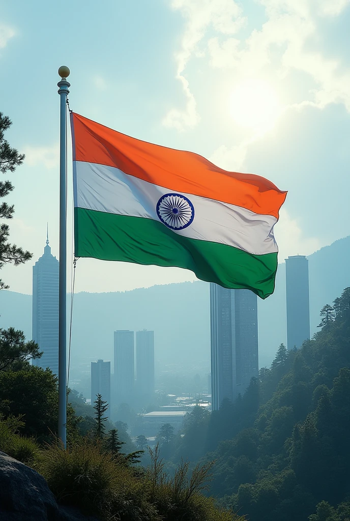 India as a developed nation 2047 with a big Indian flag inside a new unique modern Gangtok city having smart tall buildings