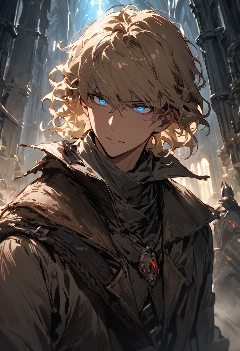 masterpiece, expressive eyes, perfect face, best quality, 1boy, male focus, solo focus, Adult, Fighter, Echo Knight, light blue eyes, tanned skin, cropped hair, clean hair, wavy hair, ash blonde hair, Hunter, Celestial, Church belfry, fingerless gloves, bloodborne, glowing eyes
