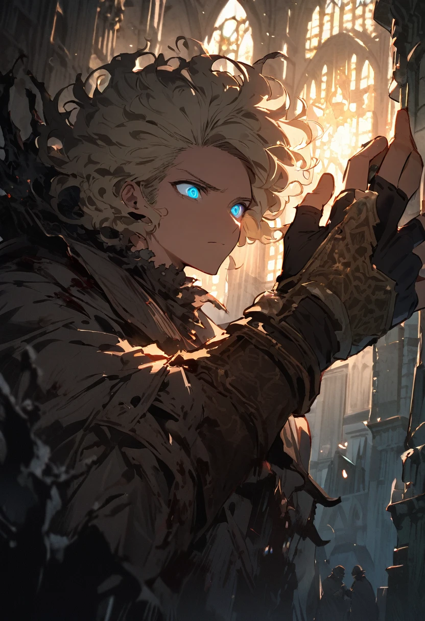 masterpiece, expressive eyes, perfect face, best quality, 1boy, male focus, solo focus, Adult, Fighter, Echo Knight, light blue eyes, tanned skin, cropped hair, clean hair, wavy hair, ash blonde hair, Hunter, Celestial, Church belfry, fingerless gloves, bloodborne, glowing eyes
