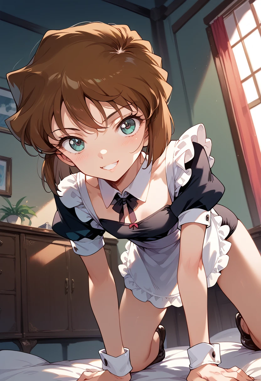 masterpiece,High resolution,Highest quality,8k(Detective Conan,ai haibara) (,,Flat Chest,Short,Brown Hair,short hair) ((Maid clothes))On all fours,From below,smile, legs, nsfw, underwear