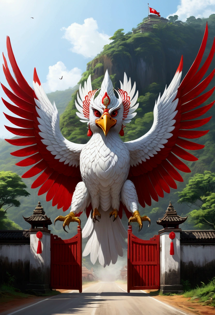 The majestic gate has a Garuda bird, the atmosphere of a large road entering the village of Sengare, there is a red and white flag. 