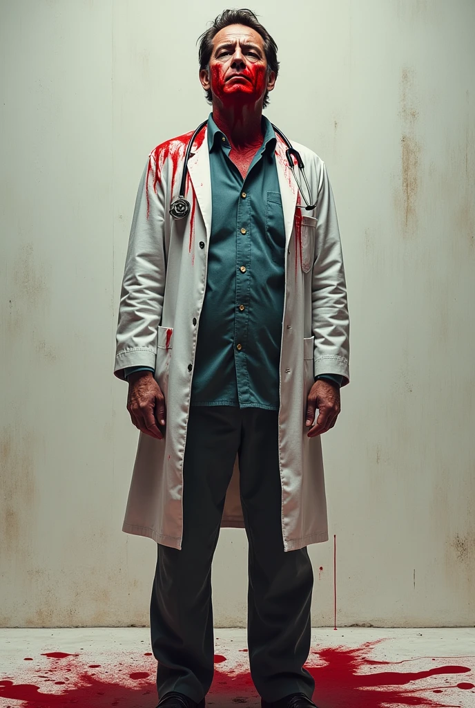 wild hair, bloody robe, casual clothing, shuffled walls