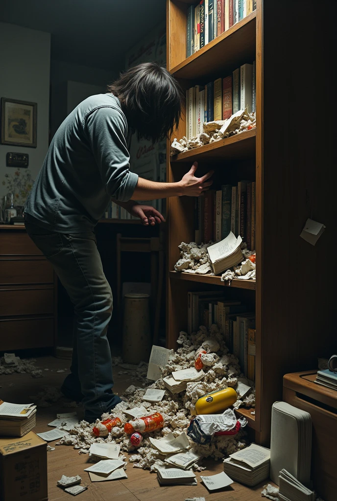 Someone is stuffing trash in the bookshelf.