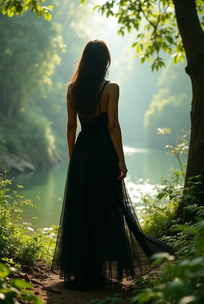 Create a photo by a girl standing in a beautiful nature place and she is wearing black dress and turned around
The girls face shouldn't be visible
And the image should look real
The girl should be an indian