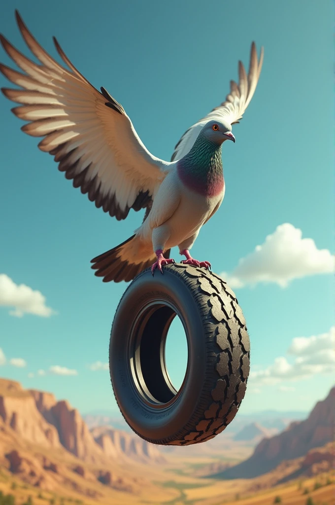 A carrier pigeon carries a motorcycle tire 