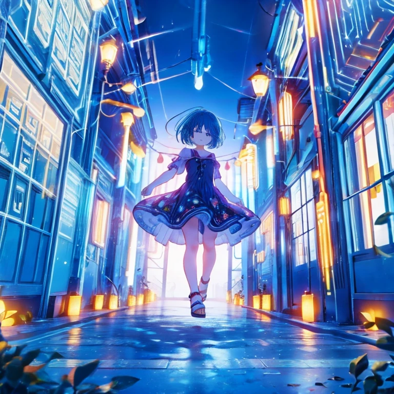 The girl with short blue hair is wearing a dress and sandals. She is jumping with her knees bent. The person is displayed small so that the whole body is visible. Low angle from the feet. High quality, high definition, and correct limb detail. The background should be vivid in color. The person is an anime-style illustration only. The face should be accurately depicted.