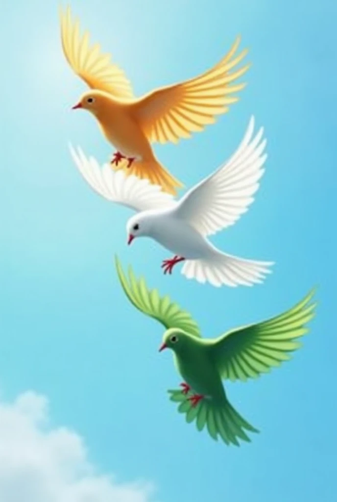 Three dove flying diagonally from right bottom corner towards left top corner, the dove at top is of saffron colour and middle dove is of white colour and bottom dove is of green colour. Baground colour is sky blue