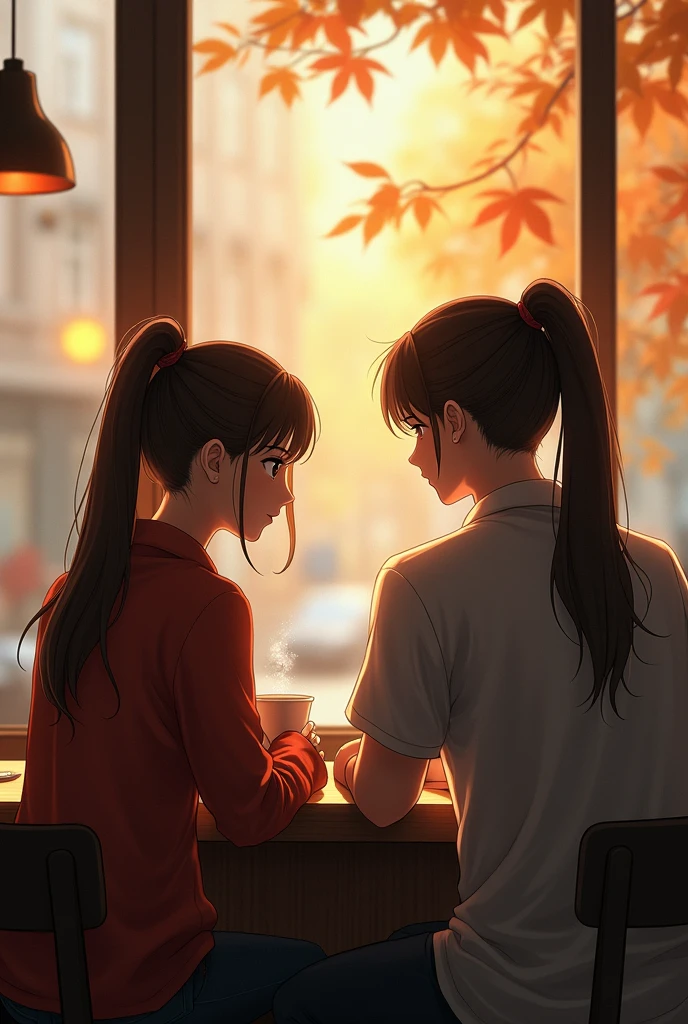 The backside view of a man and a woman with ponytail sitting in a coffee shop