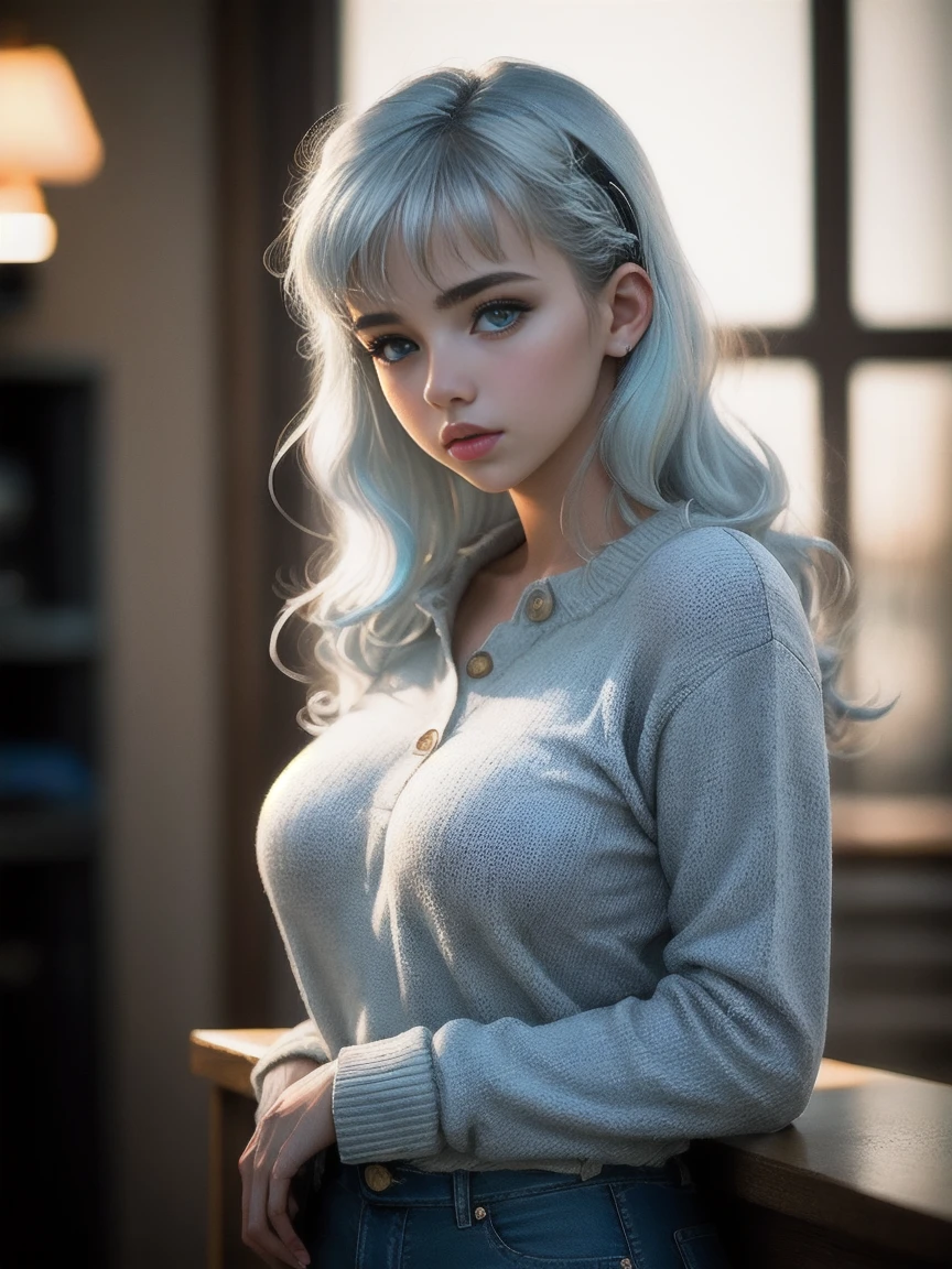 masterpiece, best quality, photography, style of Philip Lorca diCorcia, cinematic film photo of young Caucasian girl aged 18yo, 1girl, solo, blue and white hair, long wavy hair, air bangs, green eyes, tan skin, light makeup, short height, body, athletic body, large breasts, perfect lips, wearing a button-up blue sweater, cropped, wearing blue jeans, cute face, baby face, vignette, highly detailed features, high budget, bokeh, cinemascope, moody, epic, gorgeous